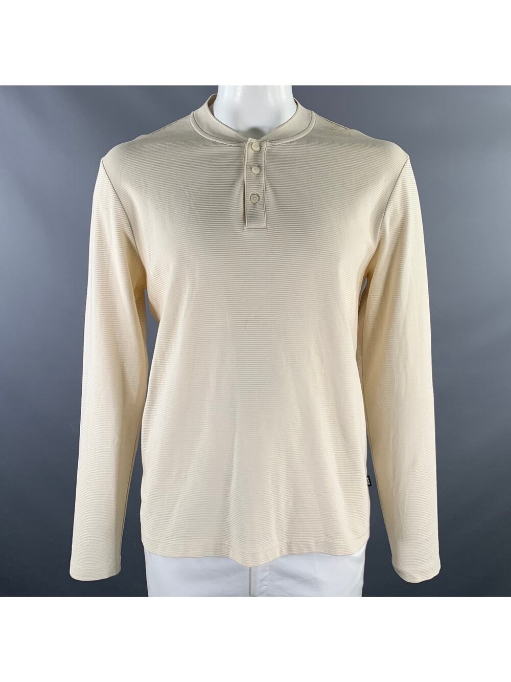 HUGO BOSS Size XL Cream Ribbed Cotton Henley Pullover